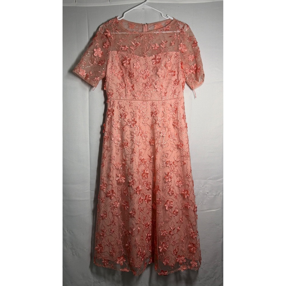 Adrianna Papell Midi Dress Floral Embroidered Sequin Mesh Formal Romantic